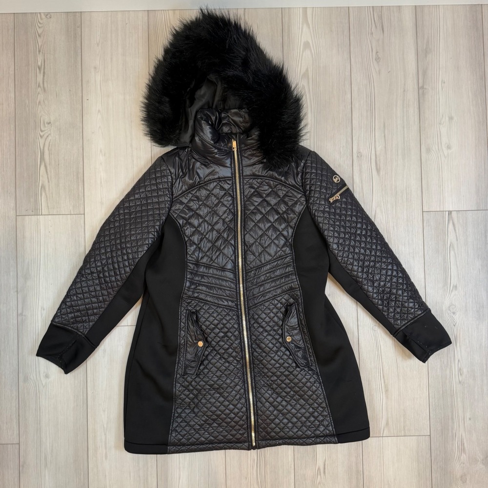 Michael Kors Black Quilted Mixed Media Faux Fur Hood Parka Jacket Plus Size 1X